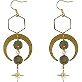 Geometric Crescent Moon Earrings with Labradorite Gemstone Beads Celestial Stars Witchy Gift for Her