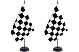 JBSJBS Black and White Checkered Desk Flag 12" Solid Pole Deluxe Set Racing Flags Banner Mini Small Checkered Office Table Flags with Black Stand Base Desktop Decorations(2Pack)