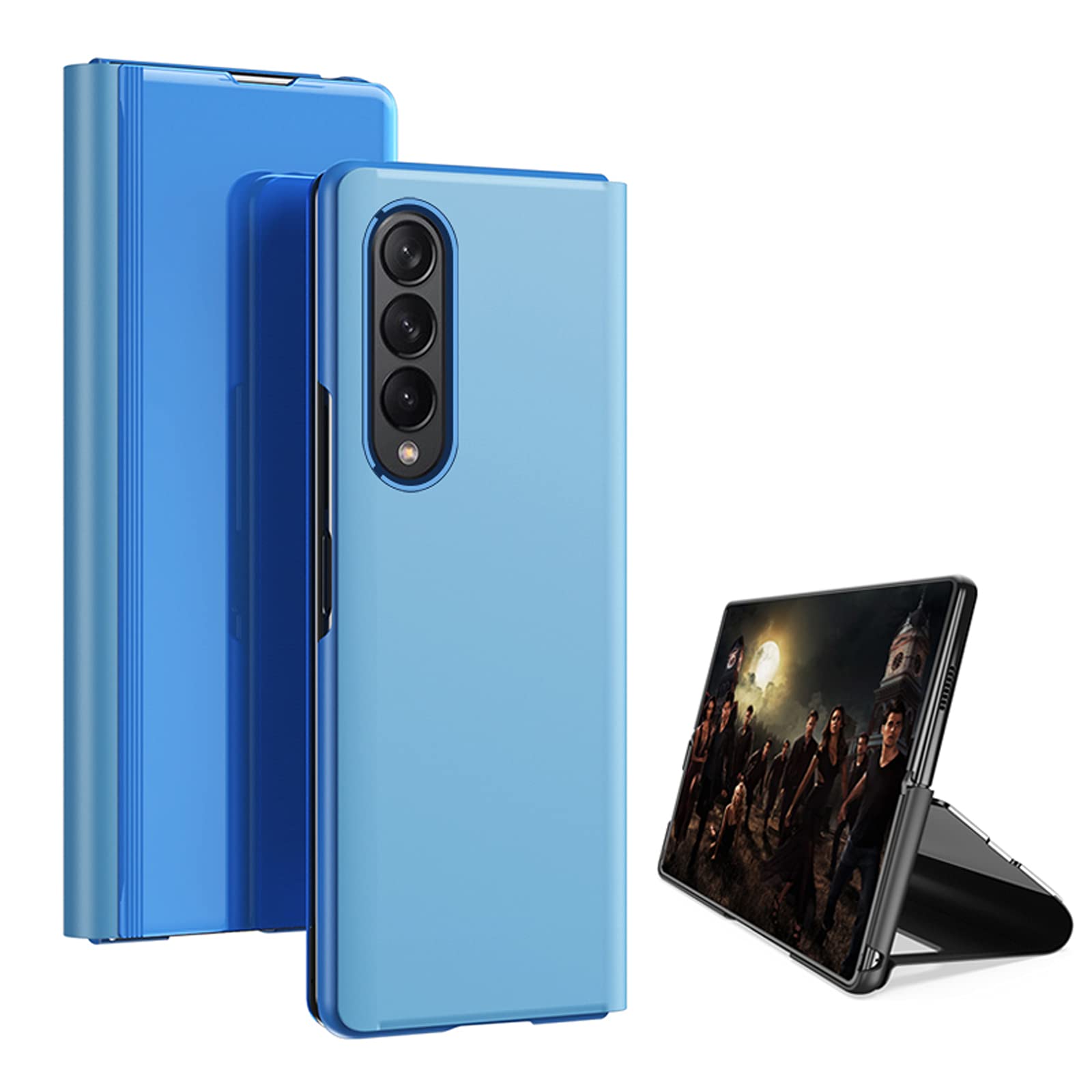 COQUE Case for Samsung Galaxy Z Fold3 5G,[Makeup Mirror Flip Cover][Viewing Stand] Ultra Slim Clear Standing Case Mirror Plating Holder for Samsung Galaxy Z Fold3 5G-Sky Blue