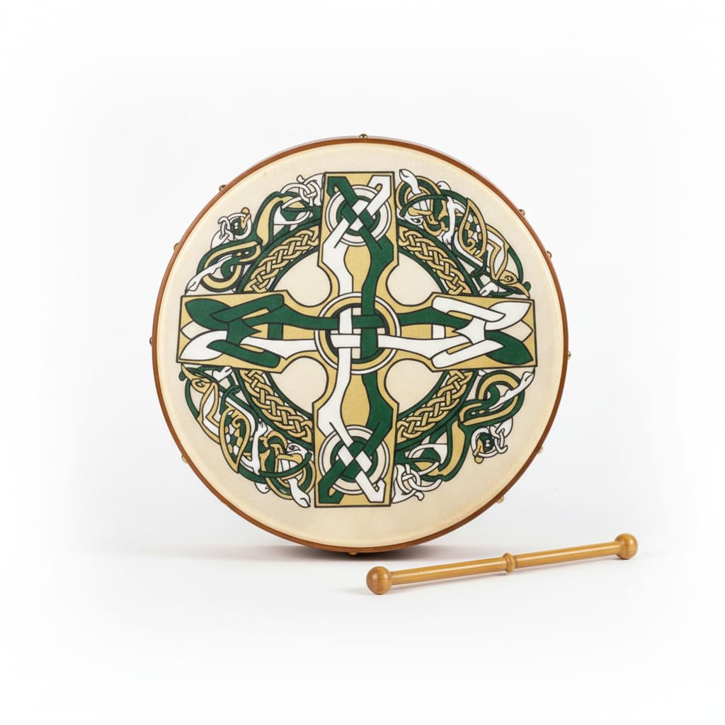 Irish Celtic Bodhran Drum 18 Inch with Natural Goat Skin Head, Gaelic Cross Design Starter Pack with Beater, Tutor DVD and Carry Case – Waltons