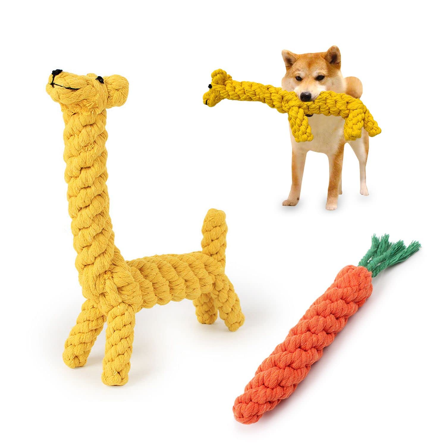 CQQNIU 2 Pack Dog Pet Puppy Small Middle Dogs Chew Toys Teething Boredom Rope Ball Knot Training Durable Teeth Clean Interactive Gift Set Cute Cotton Dental Care Treats Anxiety Giraffe