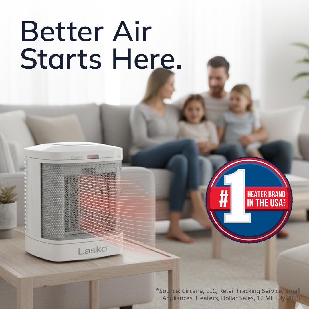Lasko Portable Electric Ceramic Space Heater with ALCI Plug for Bathroom Use, 2 Heat Settings and Simple Heat Button, 8 Inches, White, 1500W, CD08200