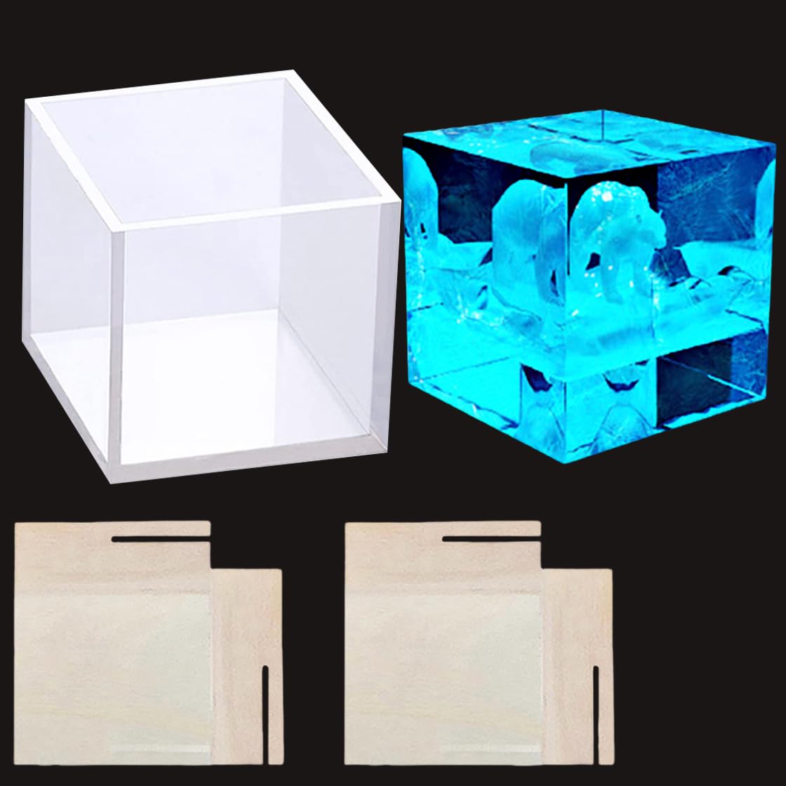 HyzaPhix Square Resin Mould Cube Silicone Moulds Crystal Epoxy Casting Molds Clear Resin Art Molds with 4pcs Border Holder for DIY Candle, Night Light, Flowers Preservation, Home Decor