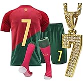 URAISEUS Boy's soccer jersey kids children's sportswear youth football uniforms with socks and #7 necklaces