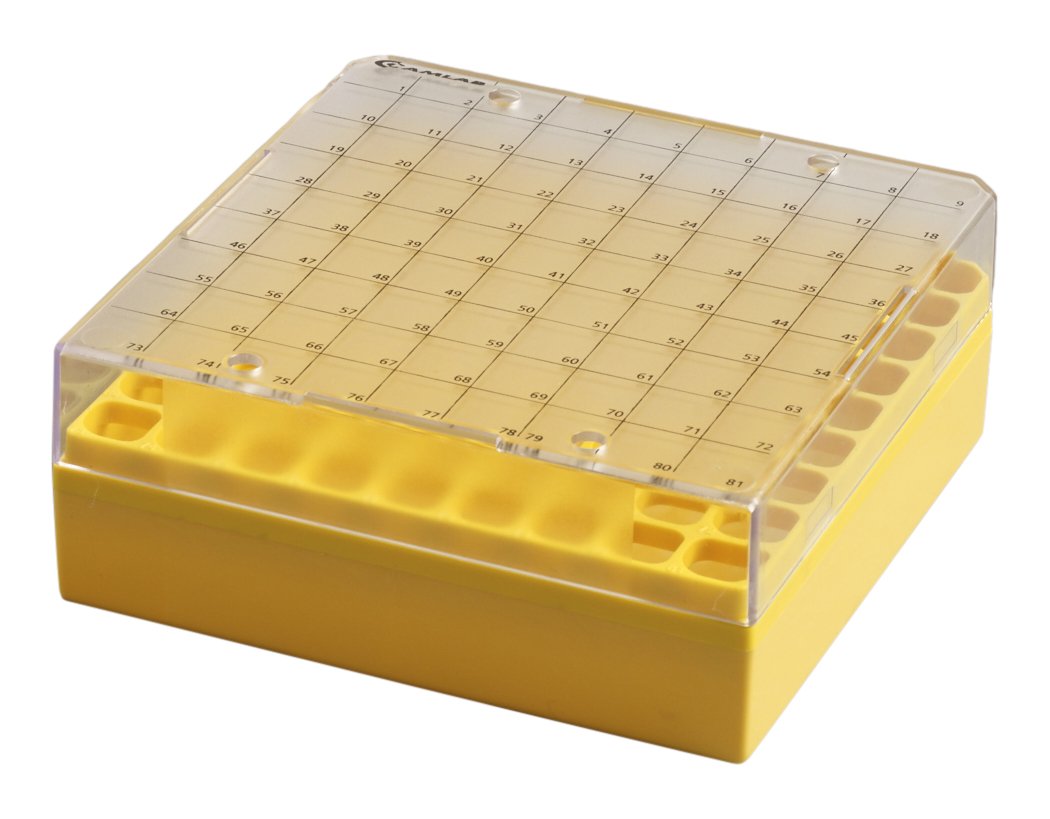 Camlab Plastics RTP/73300-Y Storage Box with fixed rack, 81 Place, Polycarbonate, Yellow (Pack of 5)