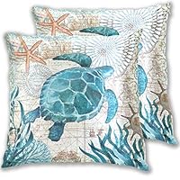 LUCASE LEMON ALEX Blue Sea Turtle Nautical Map Pillow Covers Decorative 18" x 18" Pillowcase Double Sided Print Protectors Set for Decoration Home Cushion Car Travel Airplane (Pack of 2)