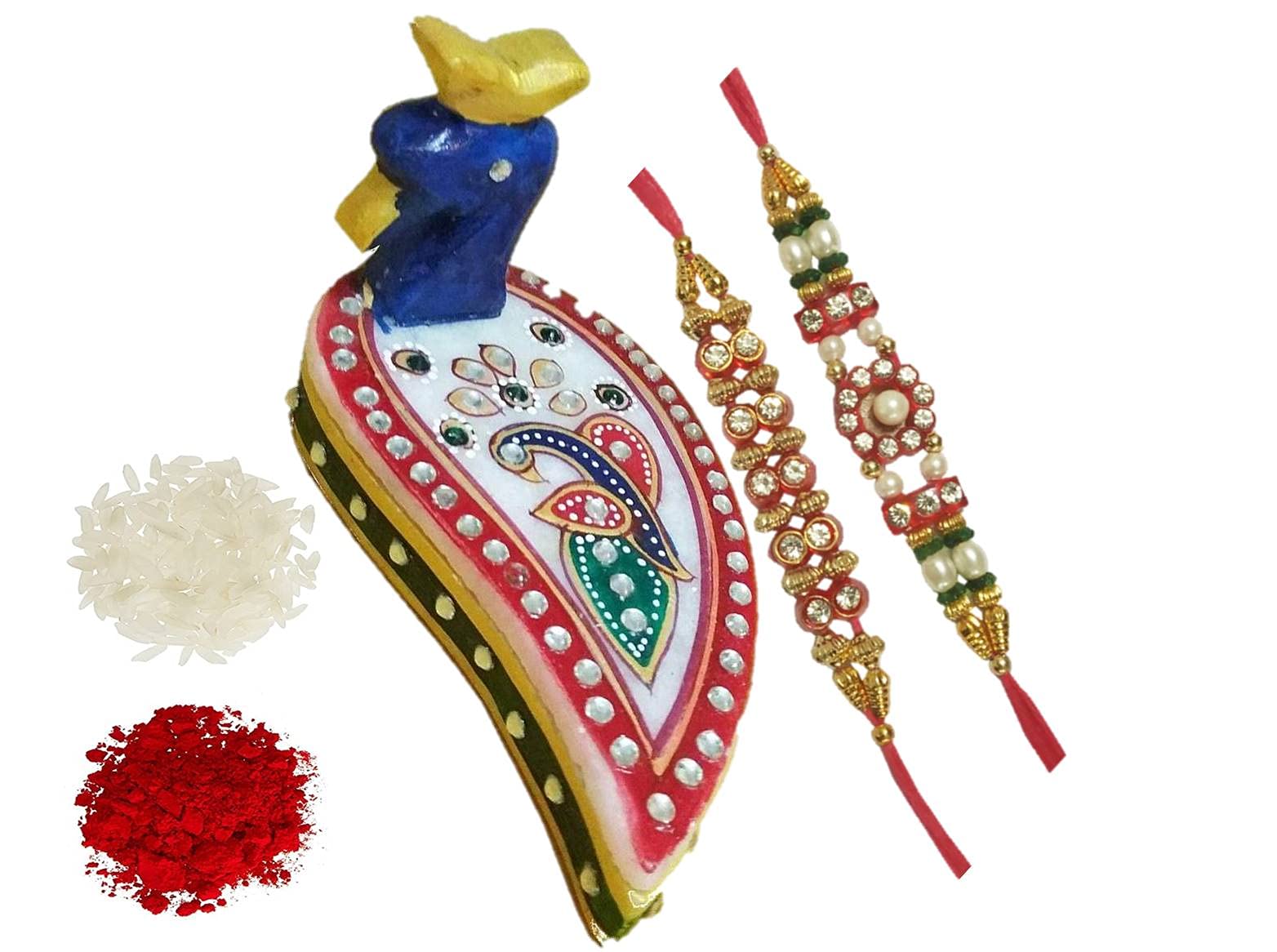 Purpledip Bhai Dooj Rakhi Hamper, Marble Chopra, Set Of 2 rakhi & Pack Of Roli Chawal Tika (rakhi4c)