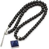ElisaJewelryArt - Natural Pyramid Amethyst Pendant Necklace Black Onyx Beaded Necklace Genuine Gemstone Feng Shui Stone Clasp Closure Necklace Unisex Necklace