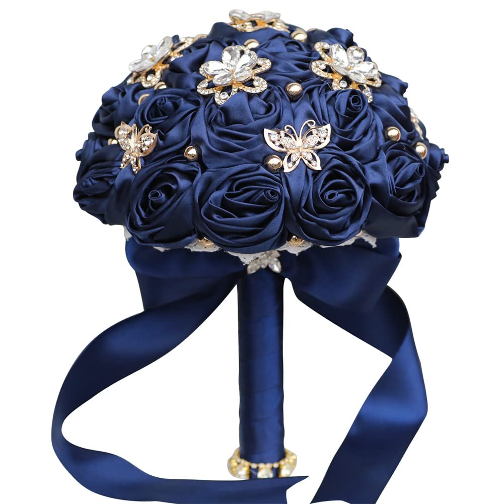 Photo 1 of Sharebeauty 7.1" Handmade Satin Rose Bridal Bouquet Toss Round Wedding Bouquet Throw Toss Artificial Flower Bunch Navy Blue