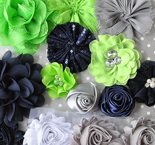 Seahawks Navy Blue, Lime Green, and Grey Shabby Chiffon Fabric Flowers Mix for DIY Baby Headbands and Embellishments