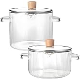 2 Pcs Clear Borosilicate Glass Saucepan Set, High-Temperature Resistant Cooking Pots, Stovetop, Microwave &amp; Dishwasher Safe, Includes Wooden Lids, Clear Glass Design for Easy Viewing