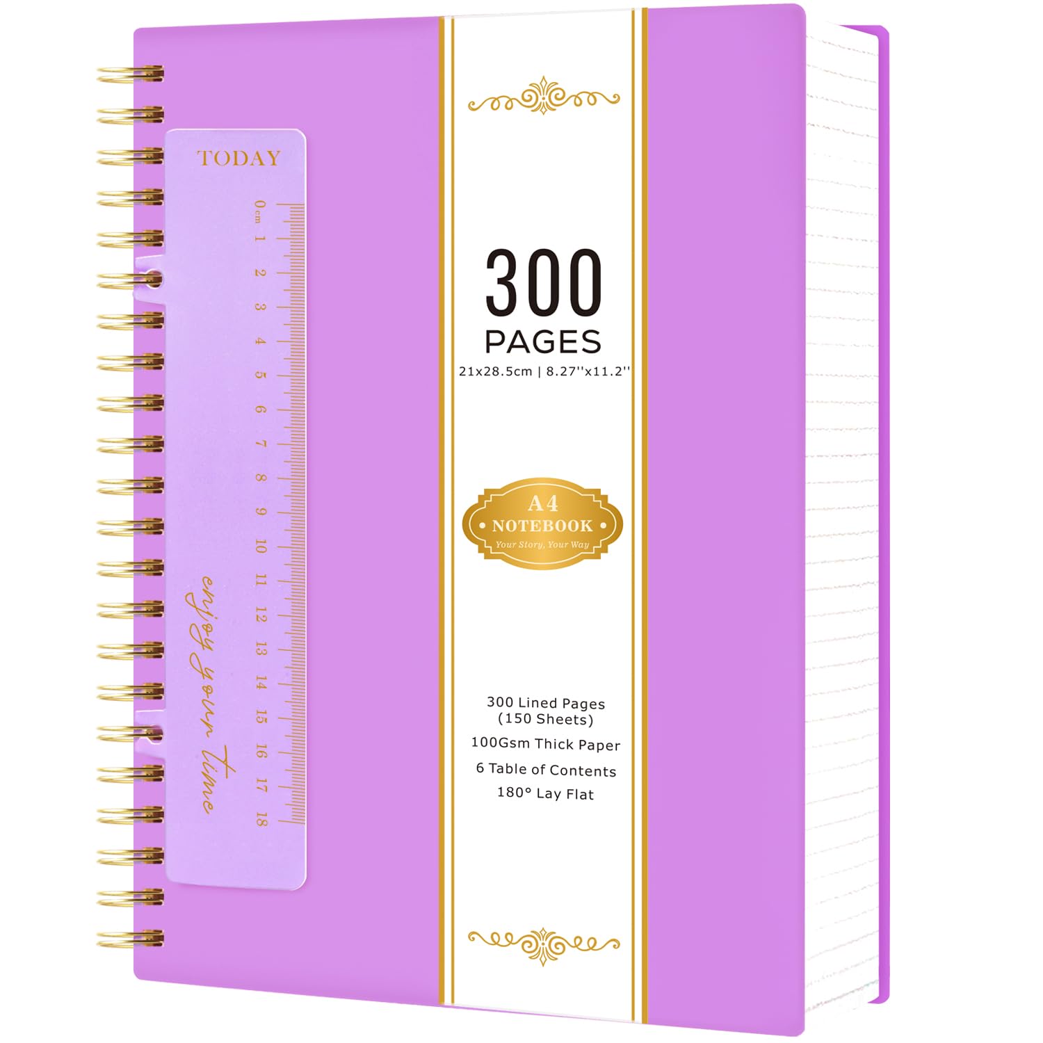 NIRMIRO A4 Notebook Notepad Hardback, Spiral Notebooks Wirebound Note Books for Women Men Office School, 300 Pages/150 Sheets 100GSM Lined Paper, PVC Waterproof Cover, 21 x 28.5cm, Purple