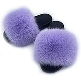 AuapTavw Women's Faux Fur Slides Slippers Fluffy Fuzzy Sandals Open Toe Furry Slide Flip Flop Indoor Outdoor