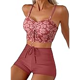 Herseas High Waisted Bikini Sets for Women Floral Print Two Piece Tummy Control Swimsuits Drawstring Short Bathing Suit