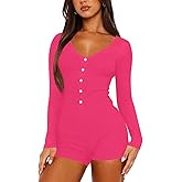 LEEDYA Women's Long Sleeve V Neck Rompers Sexy Fall Y2k One Piece Shorts Jumpsuit Bodycon Pajama Set Gym Bodysuit