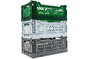 LUNA CRATES Collapsible Storage Box, Foldable Crate Organizer Bin with Handle, Stackable Crates for Home Organization (Green-Grey-LightBlue, 4L - 3-Pack)
