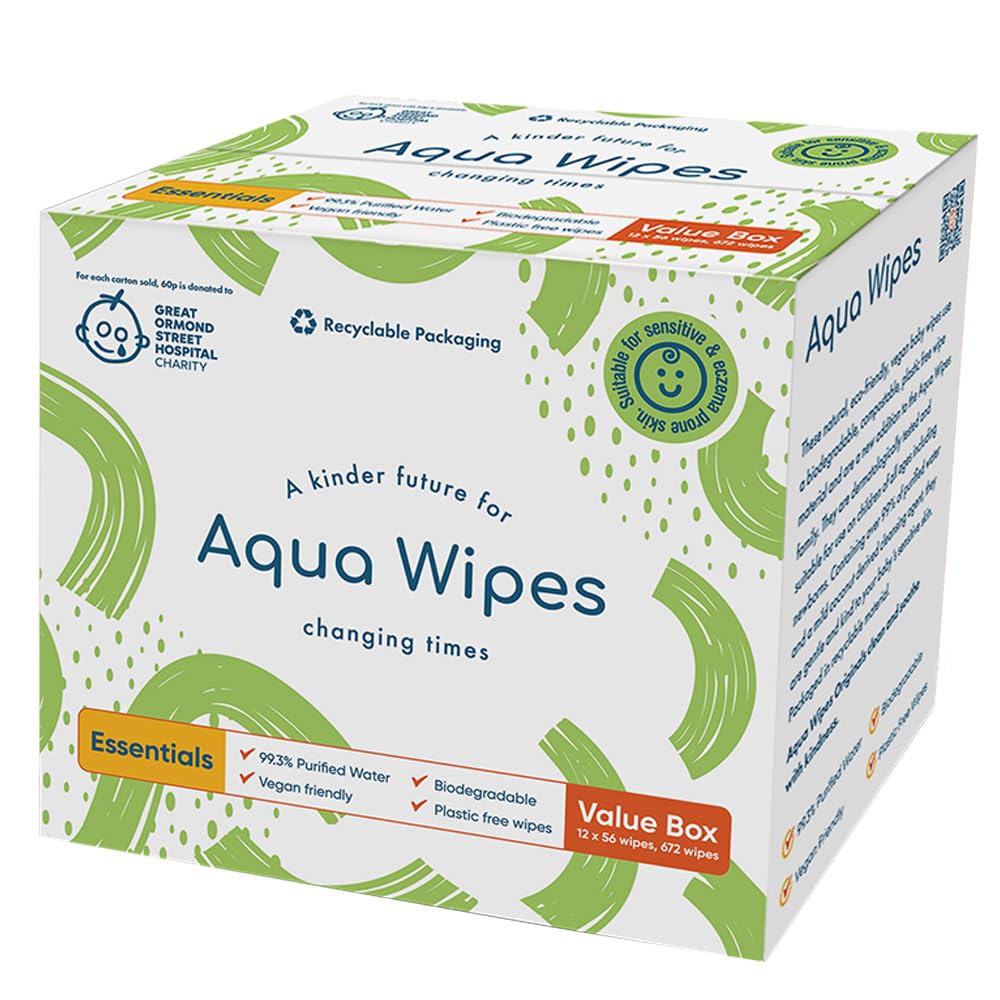 NEW Aqua Wipes Essentials Baby Wipes - Biodegradable and plastic free sensitive baby wipes with 99.6% purified water. Suitable for newborn onwards (Carton of 12 Packs of 56, Total 672 Wipes)