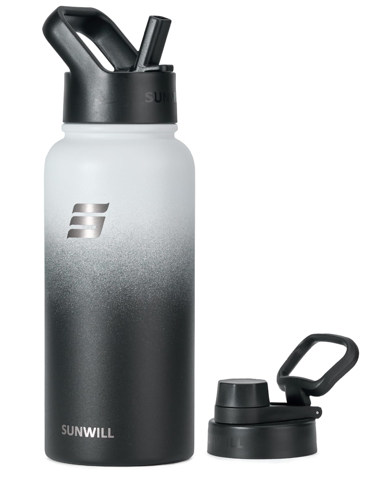 SUNWILL Metal Water Bottle 1l Stainless Steel, Insulated Leakproof Thermal Flask with Straw and 2 Lids for Cold and Hot Drink, Running, Sports, Gym, Travel, Gradiant Black White