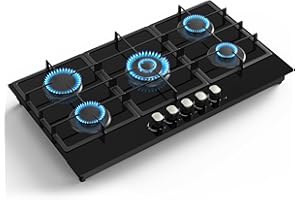 NAFEWIN 36 Inch Gas Stove, Built-in Propane Gas Cooktop with 5 Burner,Tempered Glass Gas Cooktop NG/LPG Convertible(Black)
