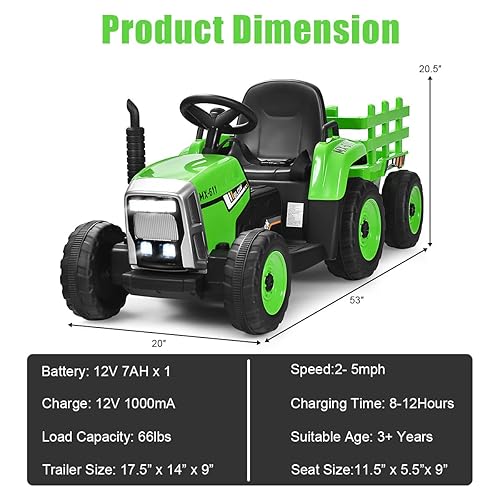Costzon Ride on Tractor with Detachable Trailer, 12V Kids'