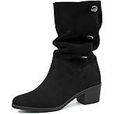 starmerx Womens Suede Mid Calf Boots 3 Way Fold Over Style Chunky Block Heel Booties Fall Winter