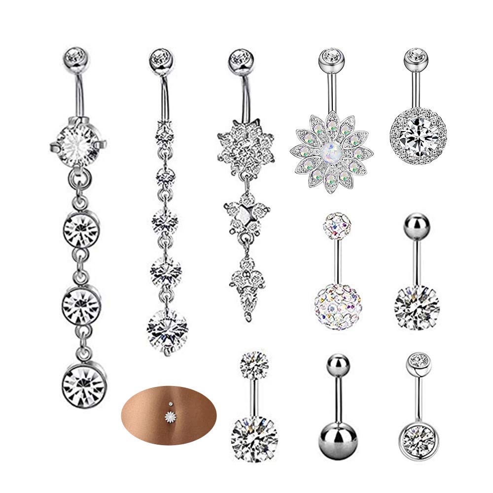 10 Pcs Belly Bars - Surgical Steel CZ Belly Piercing Dangly Belly Button Bars, Silver Stainless Steel Reverse Belly Button Bars, Set of Womens Belly Button Rings Body Piercing Jewelry Kit(10 Styles)