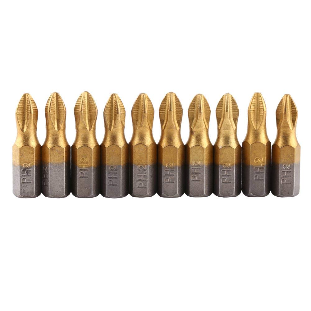 10pcs 25mm Long Screwdriver Bits S2 Alloy Titanium Coated 1/4" Hex Shank PH2 Anti-Slip Magnetic Cross Screwdriver Bits Set