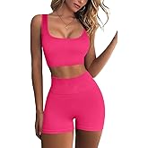 QINSEN Workout Sets for Women 2 Piece Seamless Ribbed Crop Tank High Waist Shorts Yoga Outfits