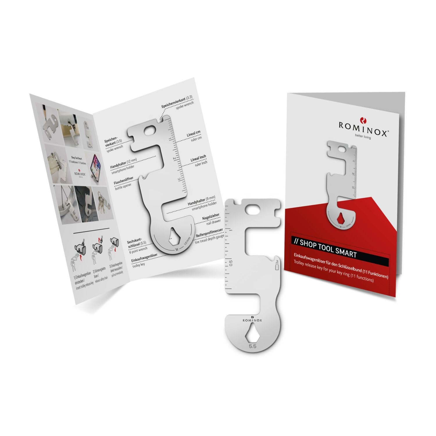 Gift Item: ROMINOX Shop Tool // Smart, 11 Functions, Keytool Key Ring, Shopping Trolley Remover, Stainless Steel Multitool + Function Description, Multifunction Tool, Travel or Holiday, ST1004