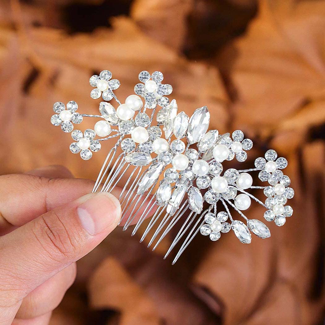 IYOU Bridal Wedding Hair Combs Silver Rhinestone Pearl Bride Side Comb Bride Crystal Hair Accessories for Women and Girls