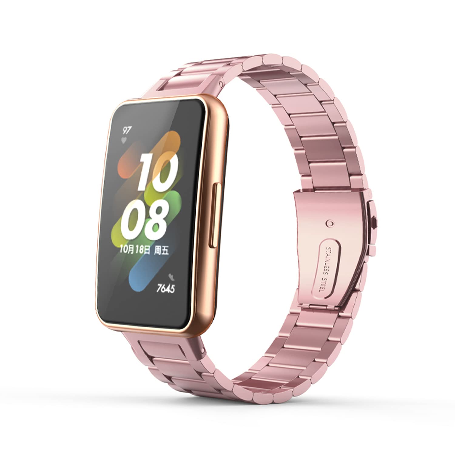 SeNool Strap Compatible with Huawei Band 7/Honor Band 7, Sturdy and Durable Adjustable Length Stainless Steel Metal Band - Pink