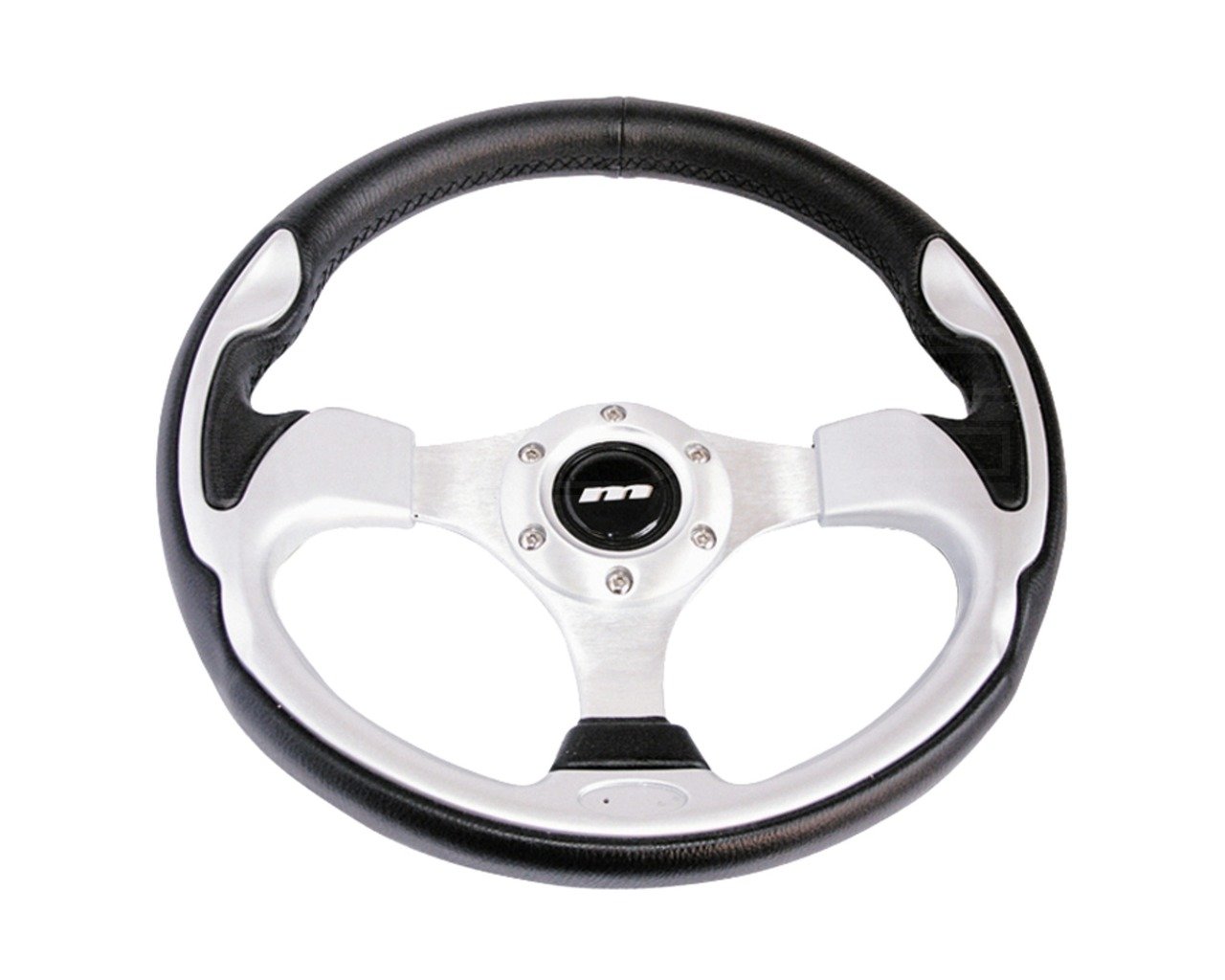 Mountney M32X3VV8S M Range Steering Wheel , Silver Anodised Center, 3 Spoke, Black Leather With Metallic Silver Inset, 320mm In Diameter