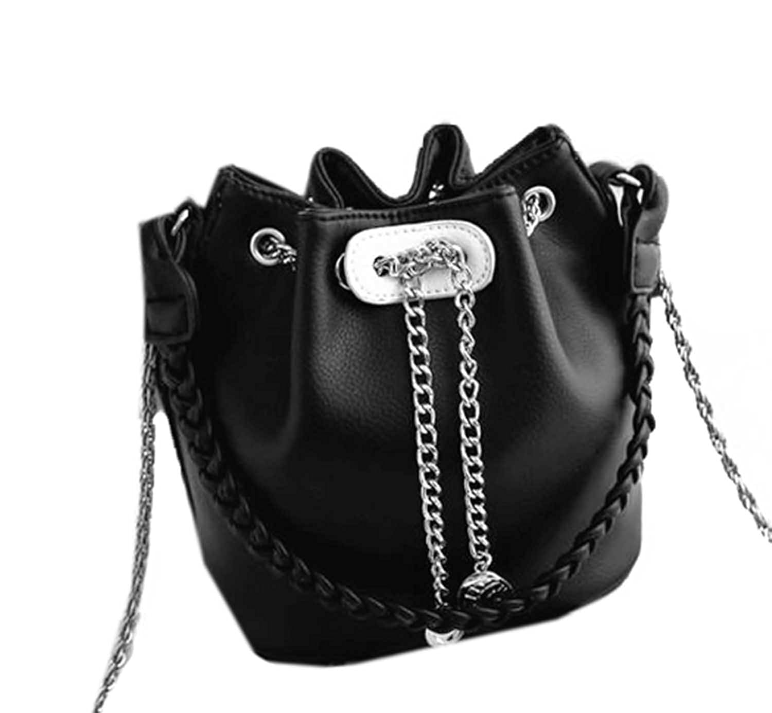 di grazia womens shoulder sling bucket cross body bag (black, black-silver-chain-bucket-handbag)