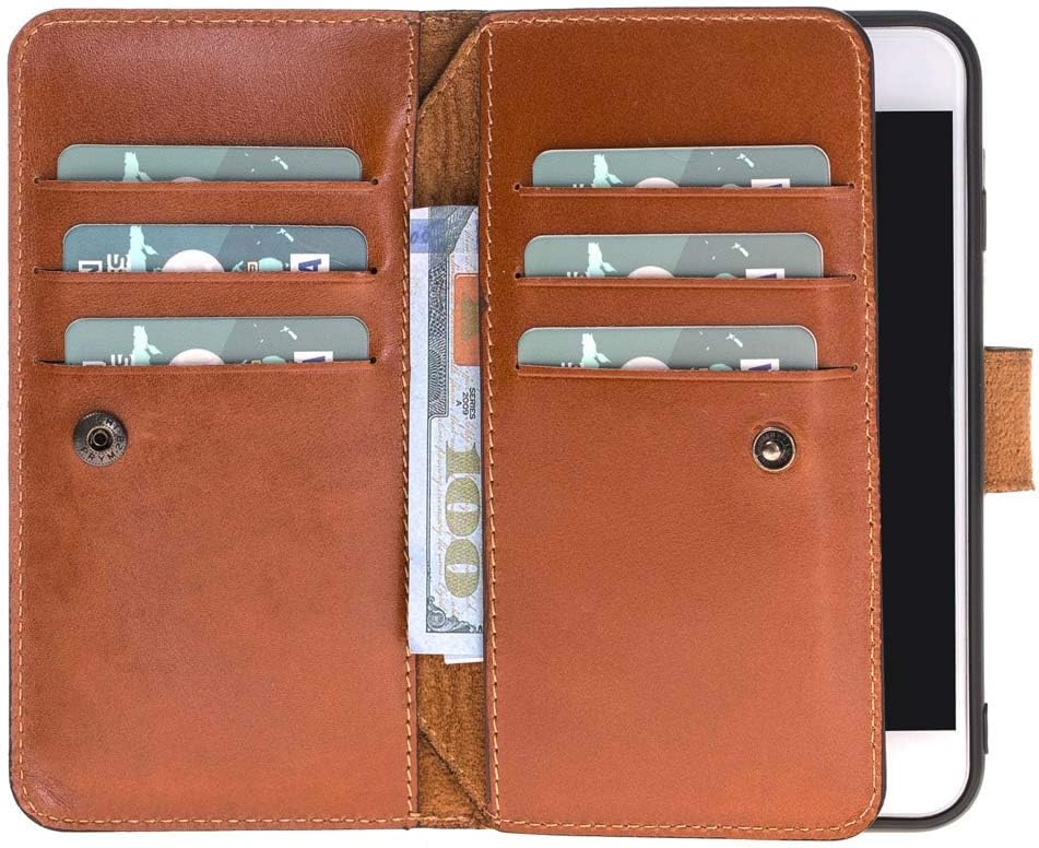 Custom Genuine Leather Handmade Book Style Wallet Case with Kickstand for iPhone Xs X 8 7 | 8 Plus | 7 Plus | Magnetic Detachable Case with Card Holders/ID Slot | Burnished Brown