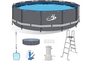 BLUE BAY BlueBay 18ft x 52in Metal Frame Pool, Above Ground Swimming Pool Set Includes 1545 GPH Filter Pump, Cover, Ladder, Maintenance Kit, Grey Frame, Round