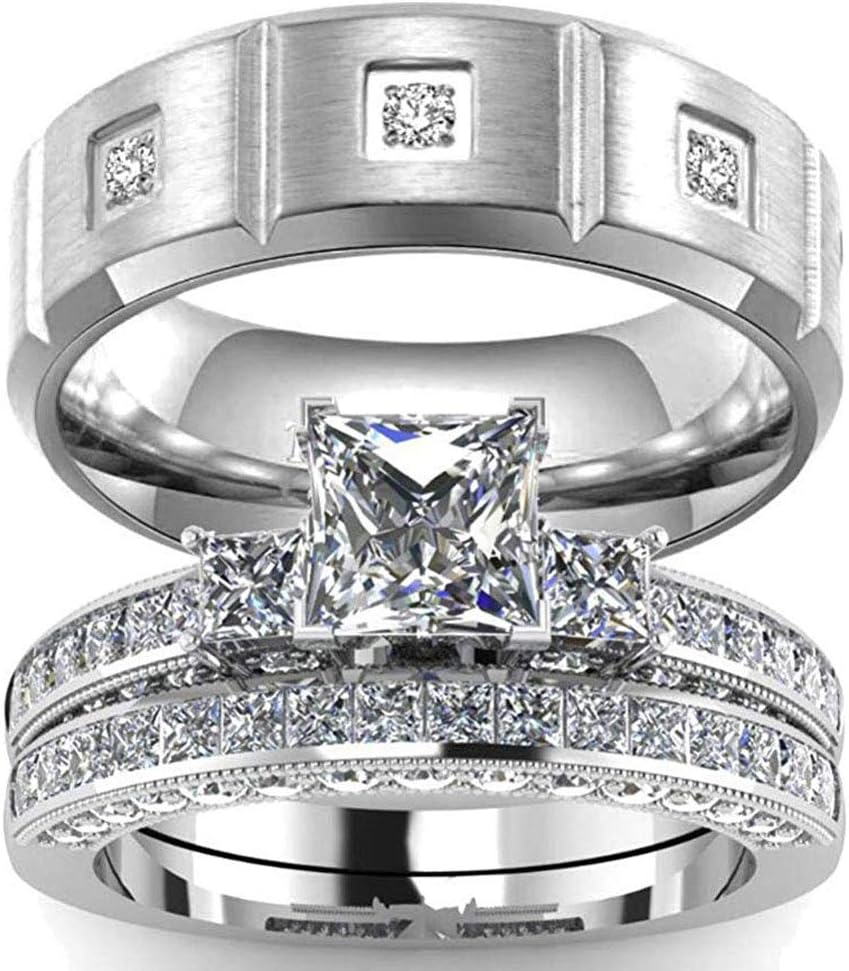 AONEW His and Hers Couple Rings Three Square Cut Cubic Zirconia Stones Womens Wedding Ring Sets & Titanium Men's Wedding Band【Buy Two Rings for One Pair】