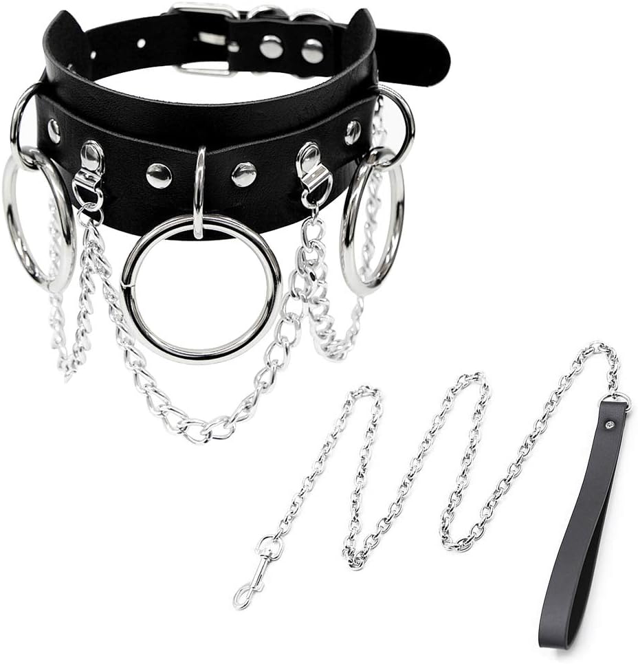 Jurxy Choker Necklace PU Leather Goth Choker Collar with O Shape Punk Rock Collar Adjustable Size with Chain –Black