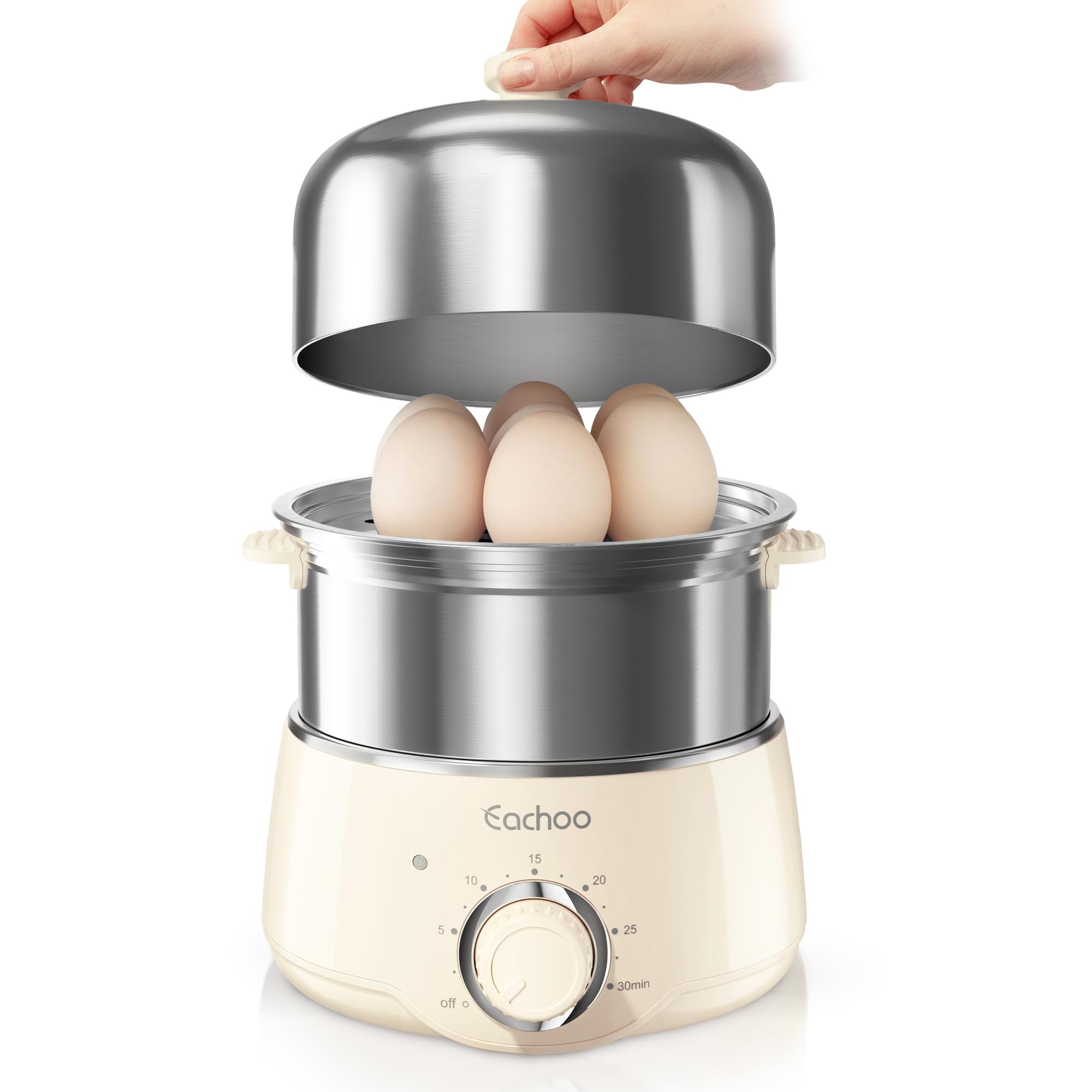 Photo 1 of **MAJOR USAGE** Hard Boiled Egg Cooker - CACHOO 14-Egg Rapid Stainless Steel Egg Boiler with 30-Min Timer & Auto Shut Off, Compact Electric Vegetable Steamer for Cooking, Dishwasher Safe, Beige