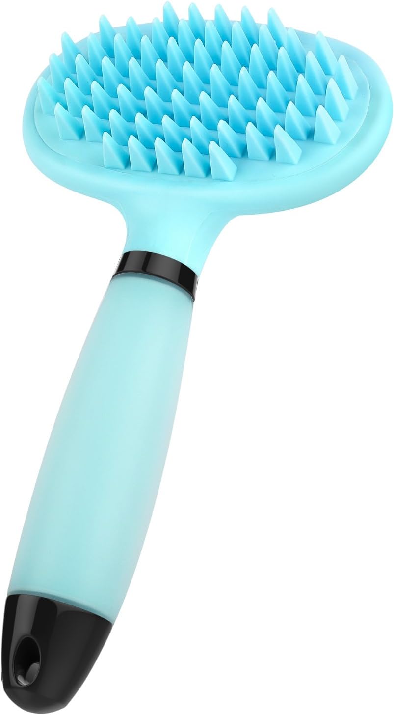 Pawaboo Pet Grooming Brush, Soft Rubber Pet Grooming Shower Bath Brush Comb Shampoo Brush Soothing Gentle Massage Comb Pet Shedding Tool with Comfortable Handle for Pet Cats Dogs Horses, Blue