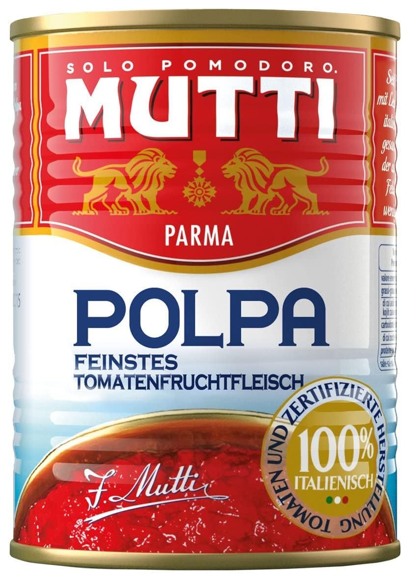 Mutti Polpa – Feinstes Tomatenfruchtfleisch in Stücken – 100% italienische Tomaten aus Parma – aromatisch & vielseitig für Pizza, Pasta, Saucen – schonend 48x dose 400 g + Italian Gourmet polpa 400g 2