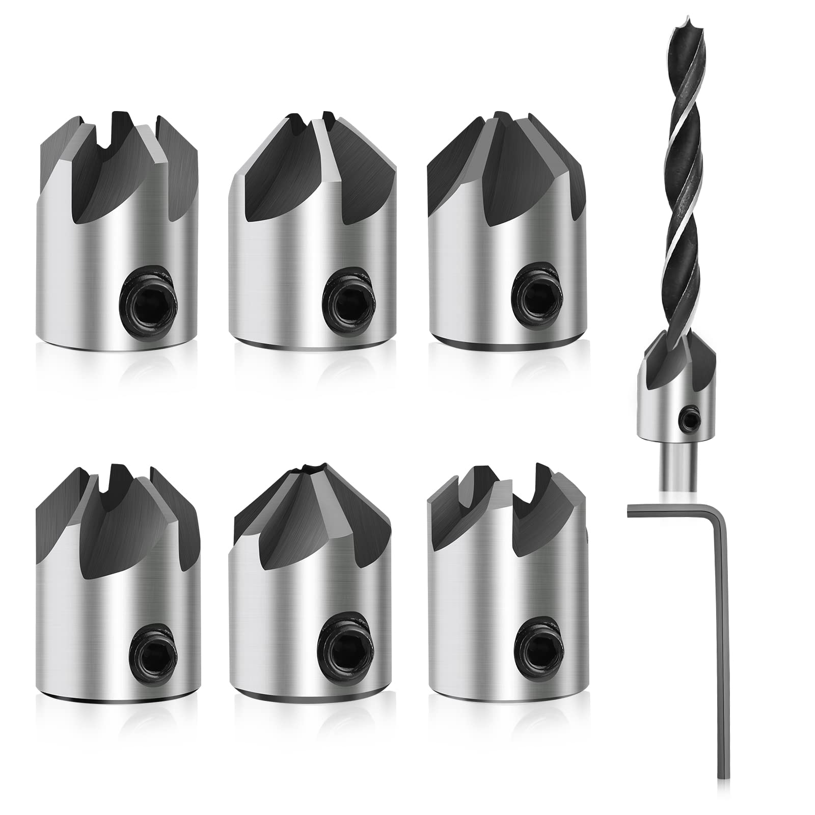 8 Piece Countersink Set 7 Pieces Attachment Countersink and 1 Allen Key for Wood Drilling, Diameter 3-10 mm/0.1-0.4 Inch for Countersink Drill, For Drilling Holes for Wood, Plastic, Soft Metal