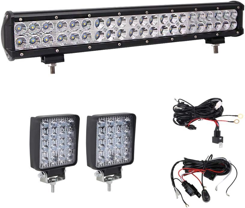 Bangbangche 20'' inch 126W Flood Spot Combo LED Light Bar with 10FT Fuse Relay Wiring Harness, 2X 48W Spot Led Pods Lights for Off Road Truck Boat Utv SUV ATV RZR