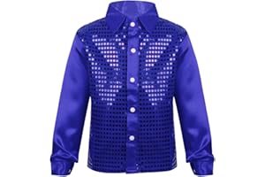 renvena Kids Boys Choir Jazz Dance Performance Glittery Sequined Long Sleeve Spread Collar Shirt
