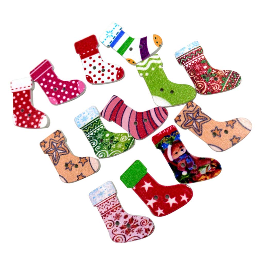 ABOOFAN 100pcs Christmas Wooden Buttons 2 Hole Sewing Buttons Wood Stocking Socks Embellishment for DIY Craft Scrapbooking Supplies Mixed Color Pattern