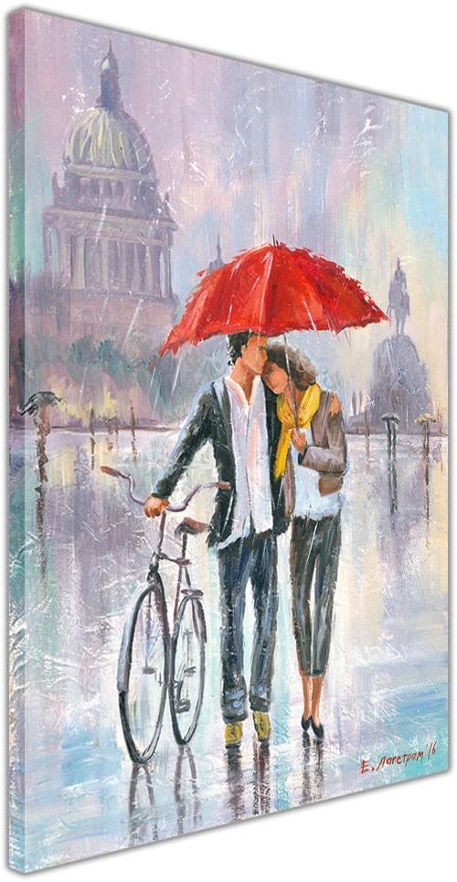 Romantic Couple with Bicycle Holding Red Umbrella on Framed Canvas Print Wall Art Pictures Size: 40" X 30" (101cm X 76cm)