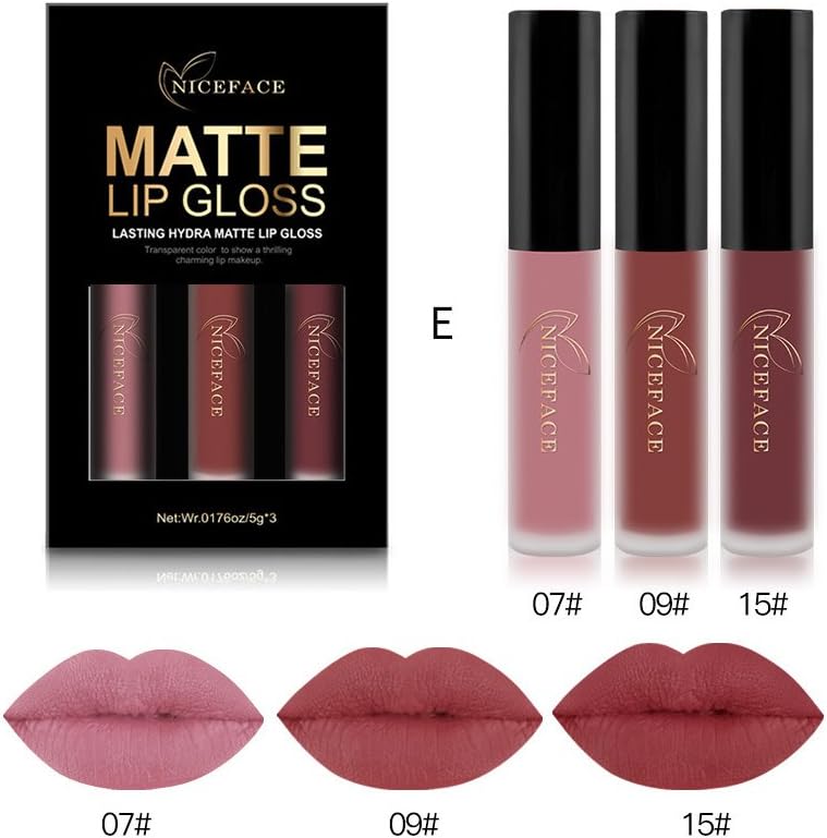 NICEFACE Beauty Set of 3 Waterproof Matte Liquid Lipstick Long Lasting Lip Gloss Lipstick