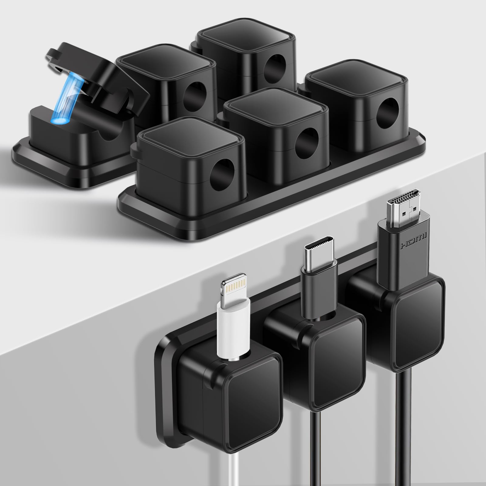 Alaoo Cord Organizer Holder Base, 3 * 3 Slots Magnetic Cable Tidy, Desk Cable Clip Management, Desktop Cord Wire Cable Clips Keeper, Wire Charger Holder for Home Car Office Desk Use (Black)