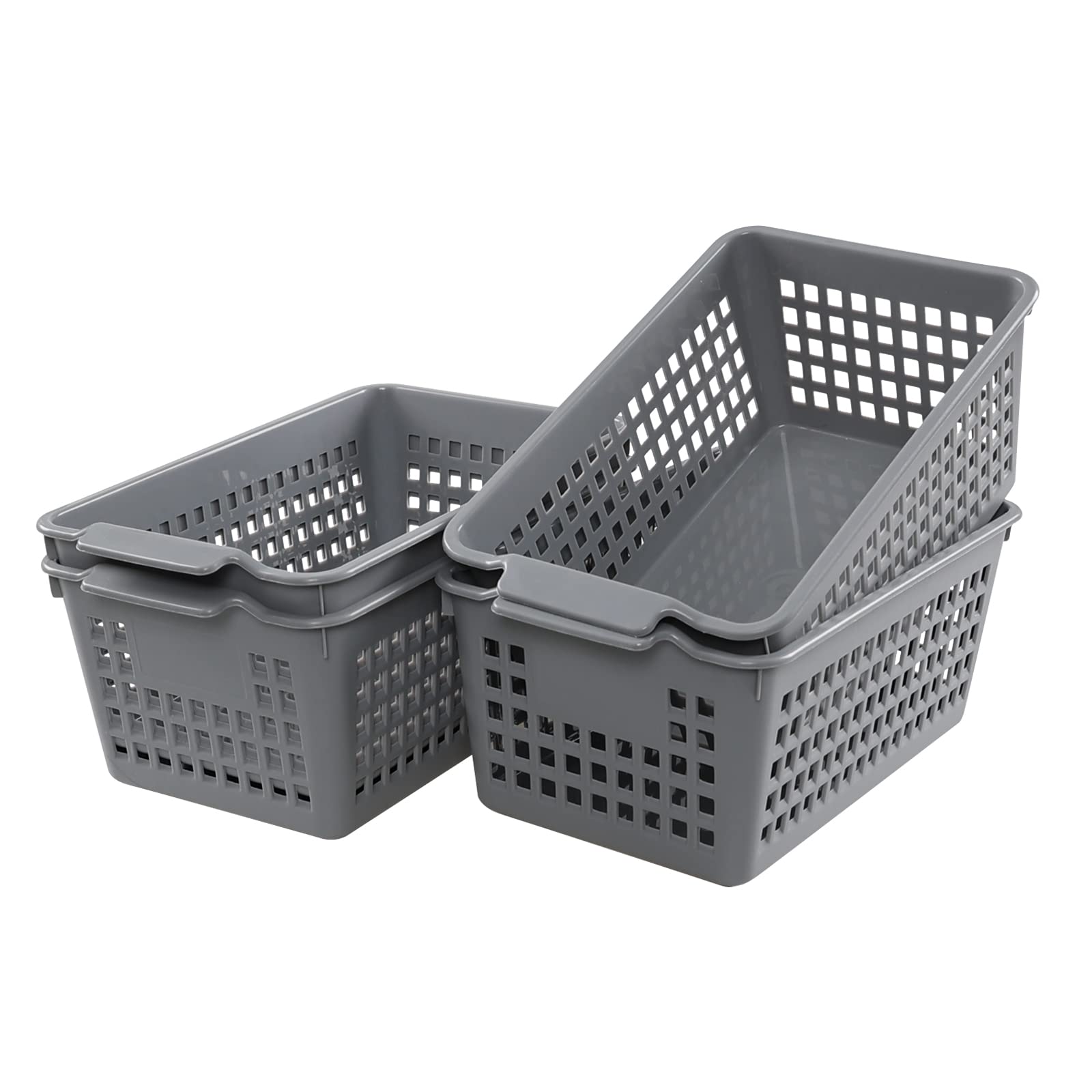 Annkky Plastic Cupboard Storage Baskets, Small Rectangular Basket, Grey, 4 Packs