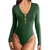 Avidlove Long Sleeve Bodysuits for Women Sexy Cutout Plunge Deep V Neck Thong Bodysuit Double Line Going Out Tops O-Ring