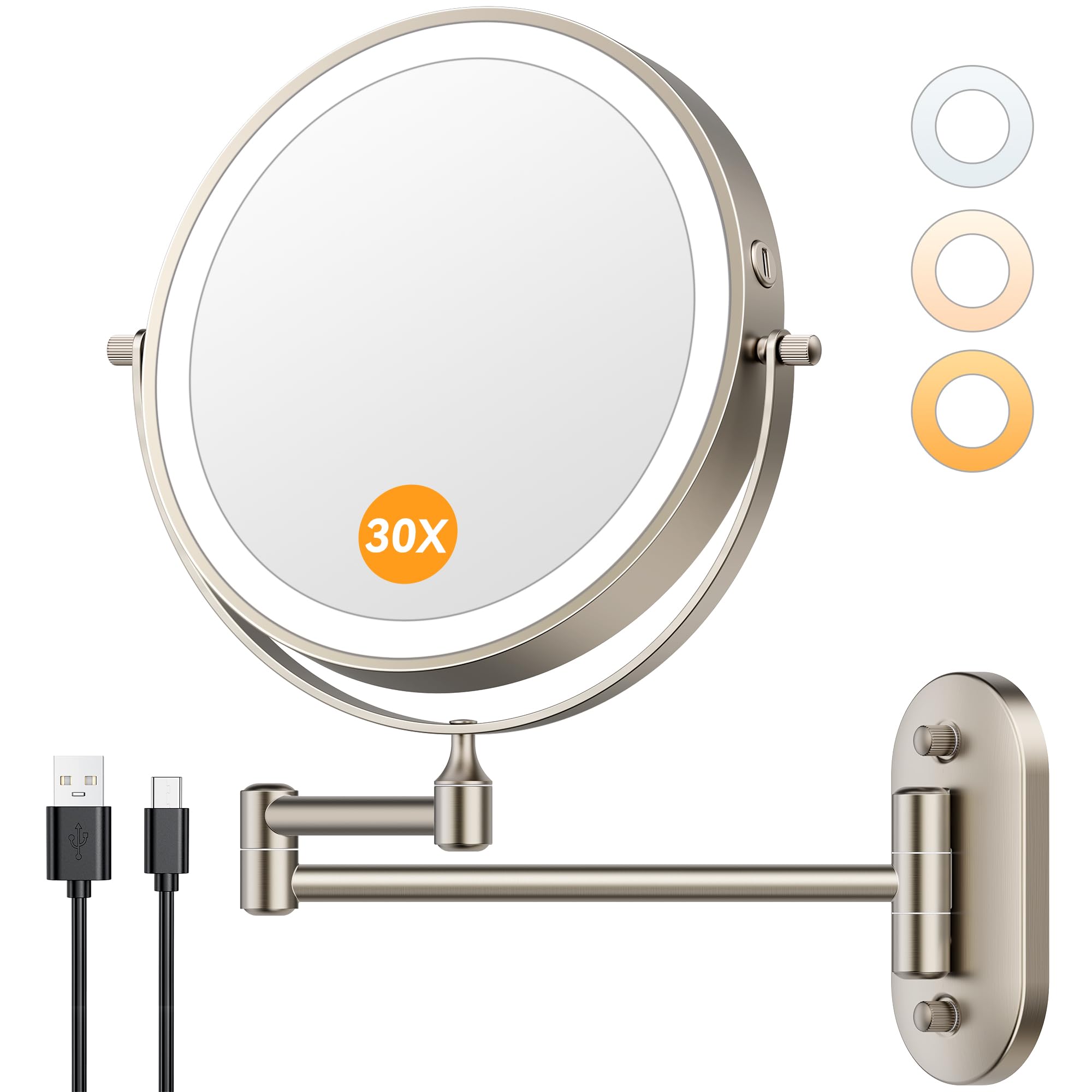 Photo 1 of Auxmir 1X/30X Wall Mounted Lighted Makeup Mirror, 8" 3200 mAh Rechargeable Double-Sided Magnifying Mirror, Touch Dimmable 3 Color Lights, 360° Rotating Foldable 14.5" Extension Arm, Brushed Nickel